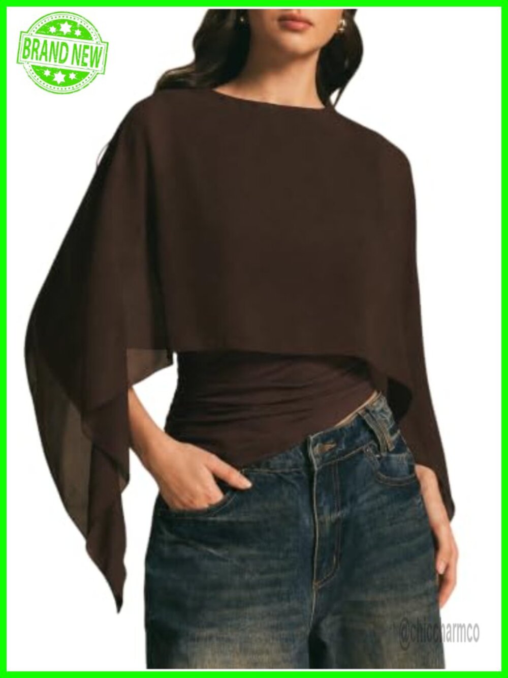 Women's Sheer Mesh Chiffon Poncho Top Ruched Flowy Cape Blouse